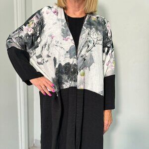 Ankle Length Handmade Linen Jacket Black and White Floral and Graffiti Design